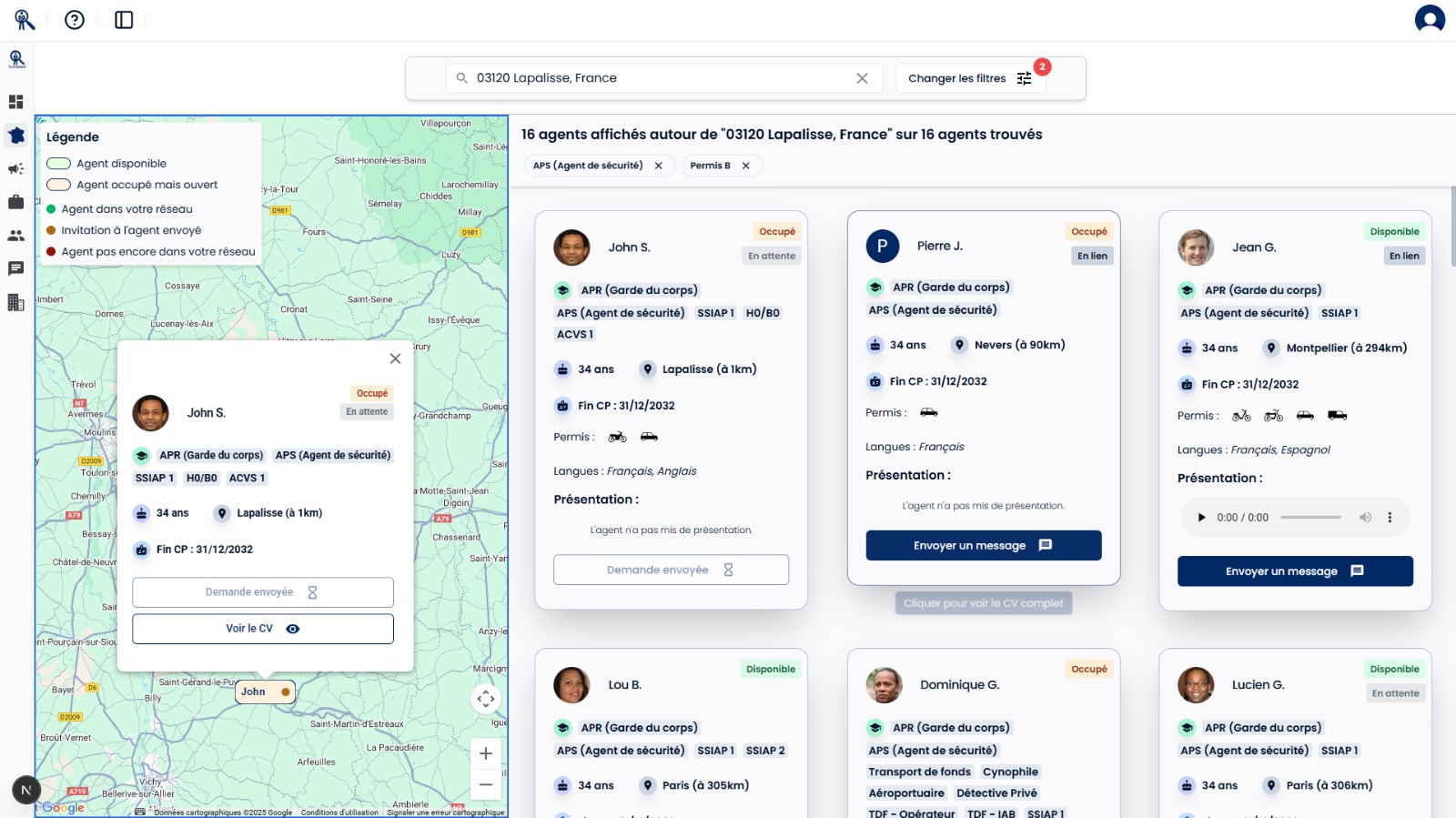 Carte live des agents de sécurité privés disponible sur la carte de la France. Cartographie agent sur la plateforme seekguard.