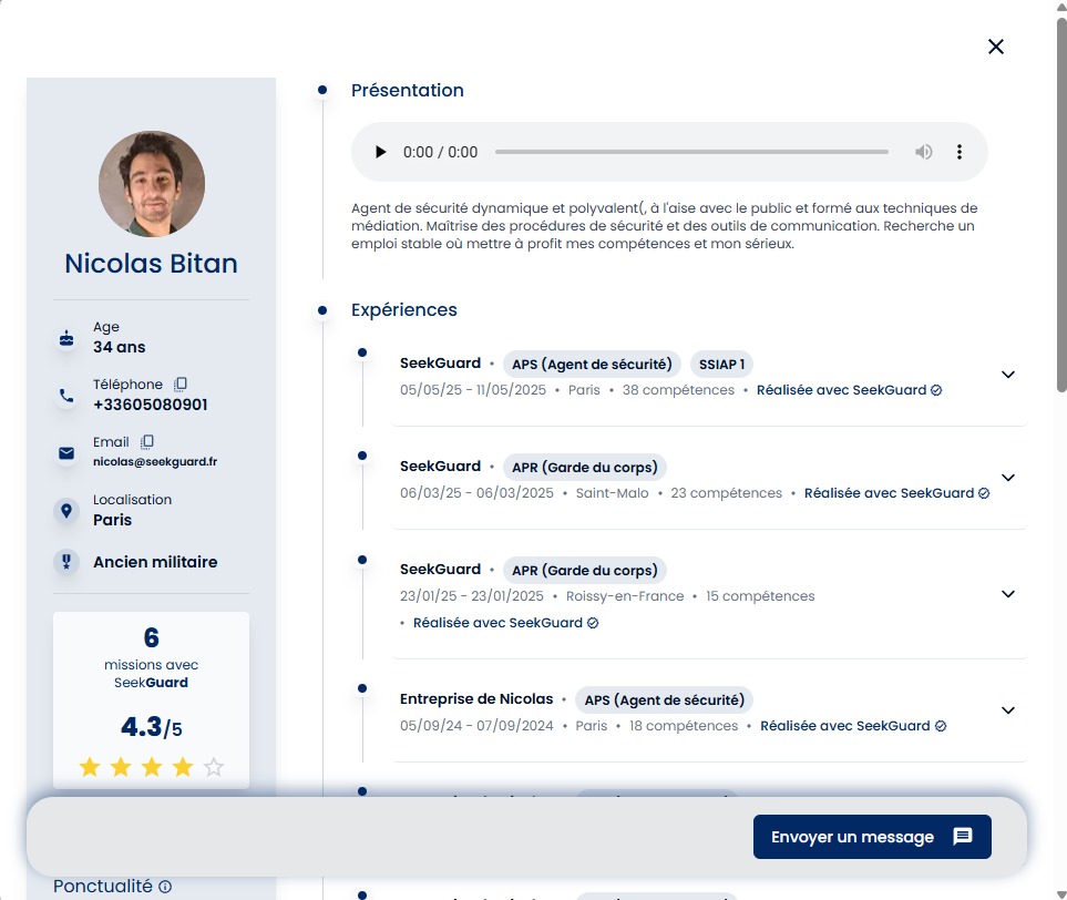 Profil des agents de sécurité privé sur l'application seekguard avec un CV enrichi. Profil agent sur l'application seekguard.
