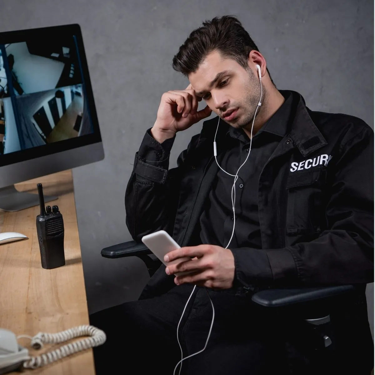 Figure : Un agent de sécurité privée en uniforme consulte son smartphone sur un post de sécuritée. Un agent de sécurité privée en uniforme.