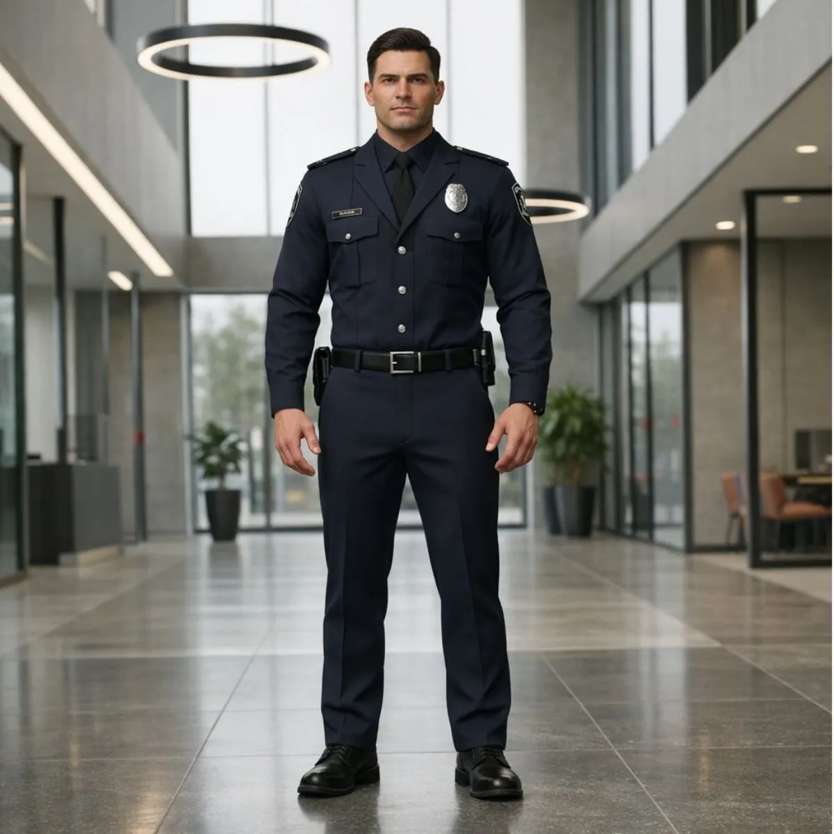 Un agent de sécurité privée en uniforme portant un badge.